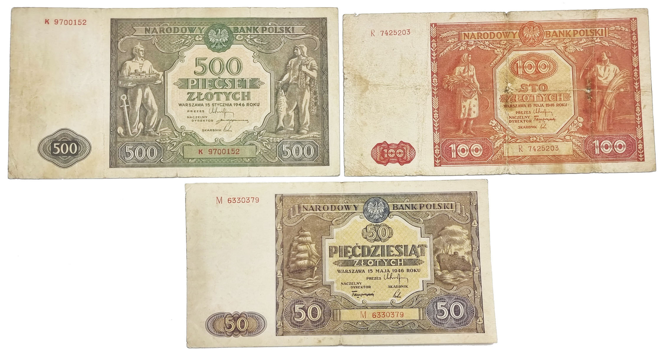 50, 100, i 500 złotych 1946, zestaw 3 banknotów - RZADKIE